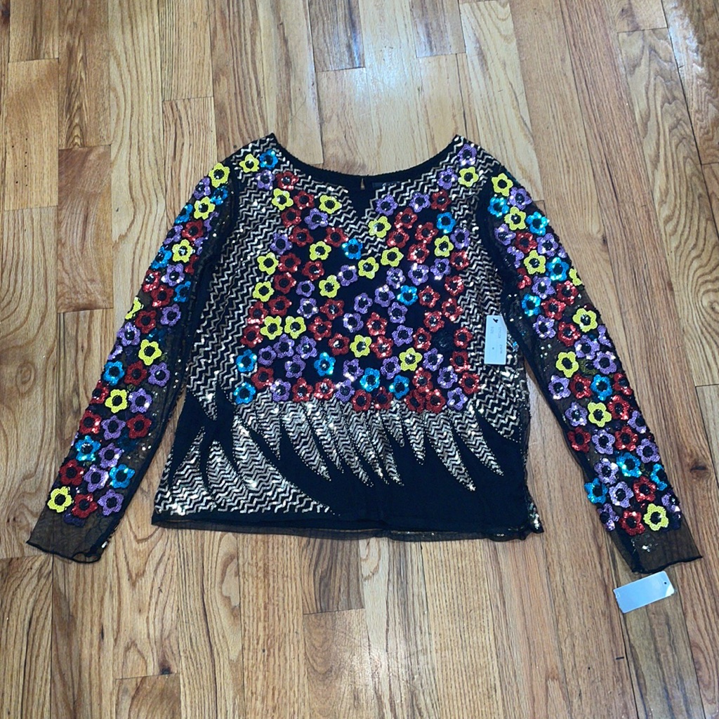 New Azi Floral Multi Colored Sequin Top With Black Base Sz Medium